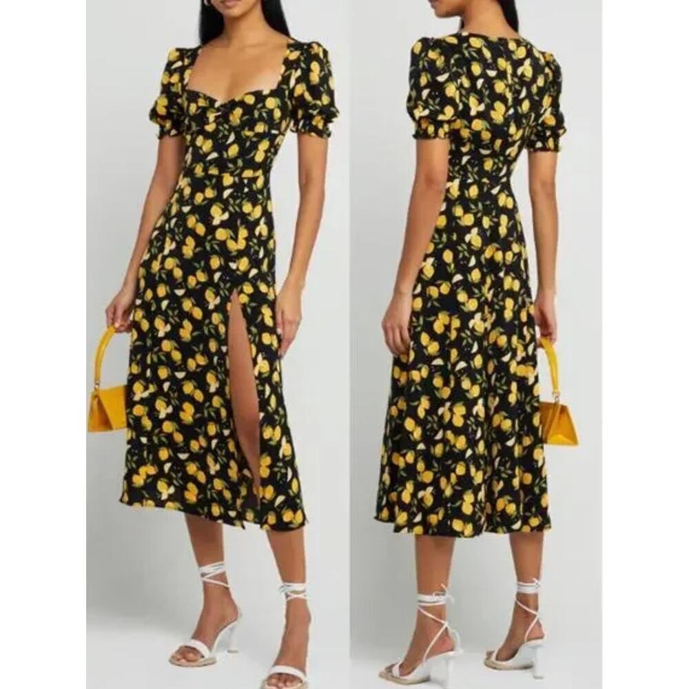 o.p.t Black Lemon Print Puff Sleeve Midi Dress with Side Slit – Size Small